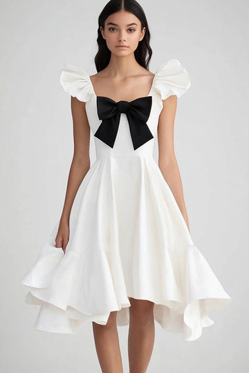 White A Line Ruffled Graduation Dress with Bow